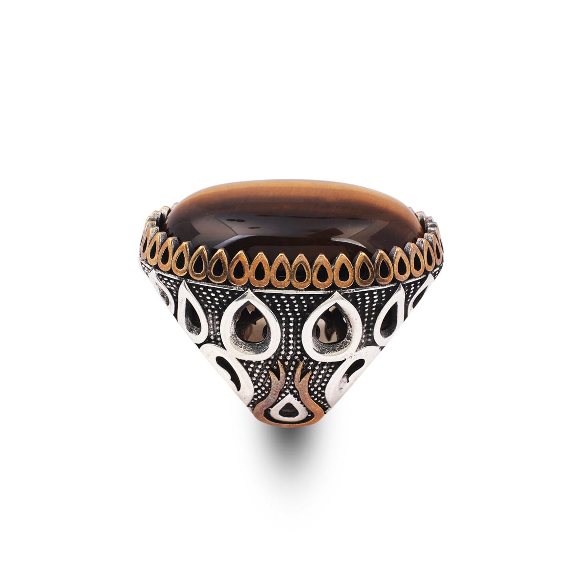 Tiger Eye Ring - Oval Gemstone Men's Vintage Handmade Ottoman Design - 925 Sterling Silver Rings with Silver Polishing Cloth Gift