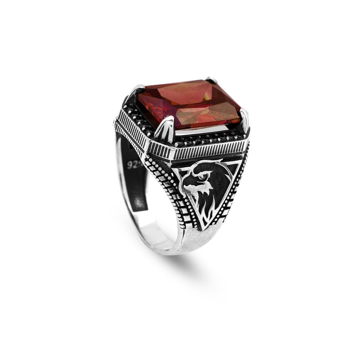 Garnet Gemstone Eagle Signet Ring – Vintage Men’s Sterling Silver Engagement Ring – Handmade Rings with Custom Engraving & Gift Silver Polishing Cloth