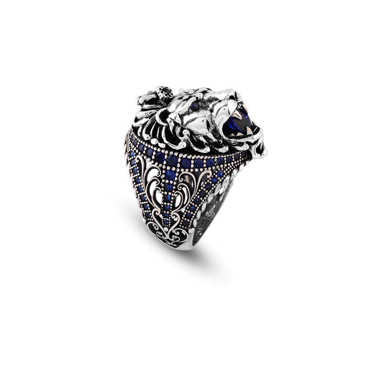 Handmade Sapphire Lion Pinky Ring - Vintage Ottoman Style Sterling Silver Animal Engagement Ring for Men with Gemstone & Custom Engraving
