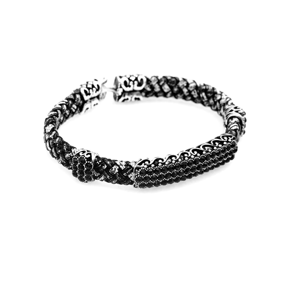 Vintage Men Leather Bracelet with Micro Onyx – Hand-Engraved Sterling Silver Bracelet