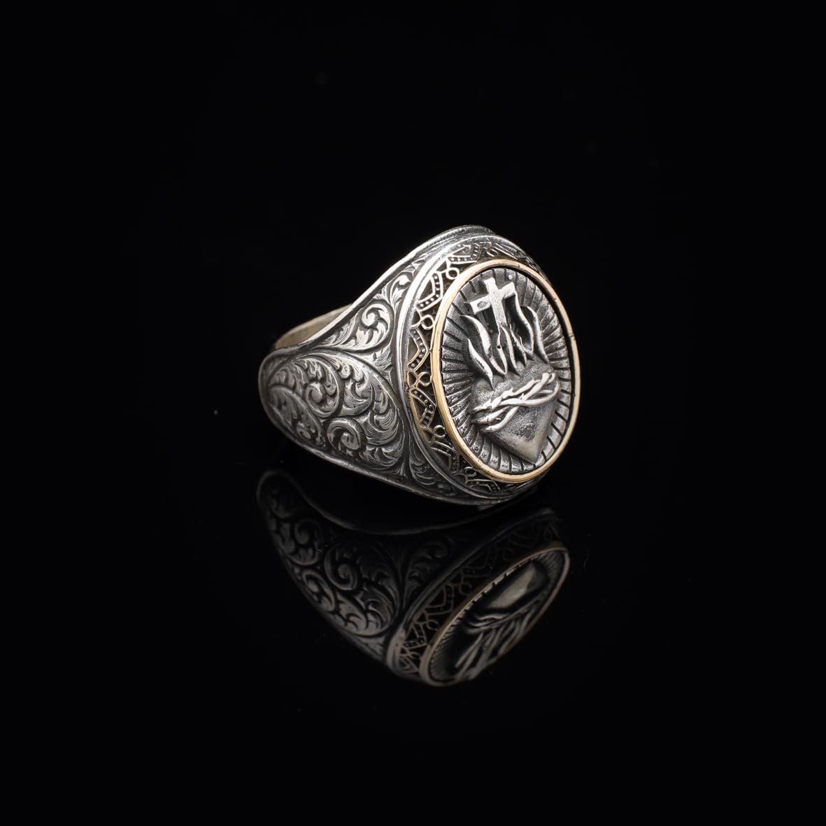 Vintage Heart Design Cross Signet Ring for Men - 925 Sterling Silver Christian Statement Ring - Polished Handmade Engagement Ring with Custom Engraving