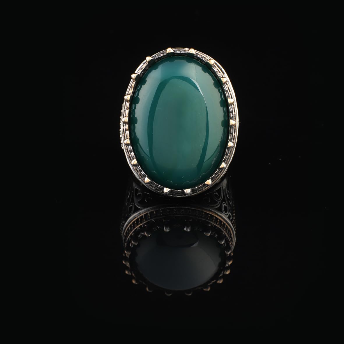 Handmade Vintage Jade Ring with Micro Onyx Stone - Chunky Sterling Silver Engagement Ring for Men - Custom Engraving Available - Ottoman Style with Gift Silver Polishing Cloth