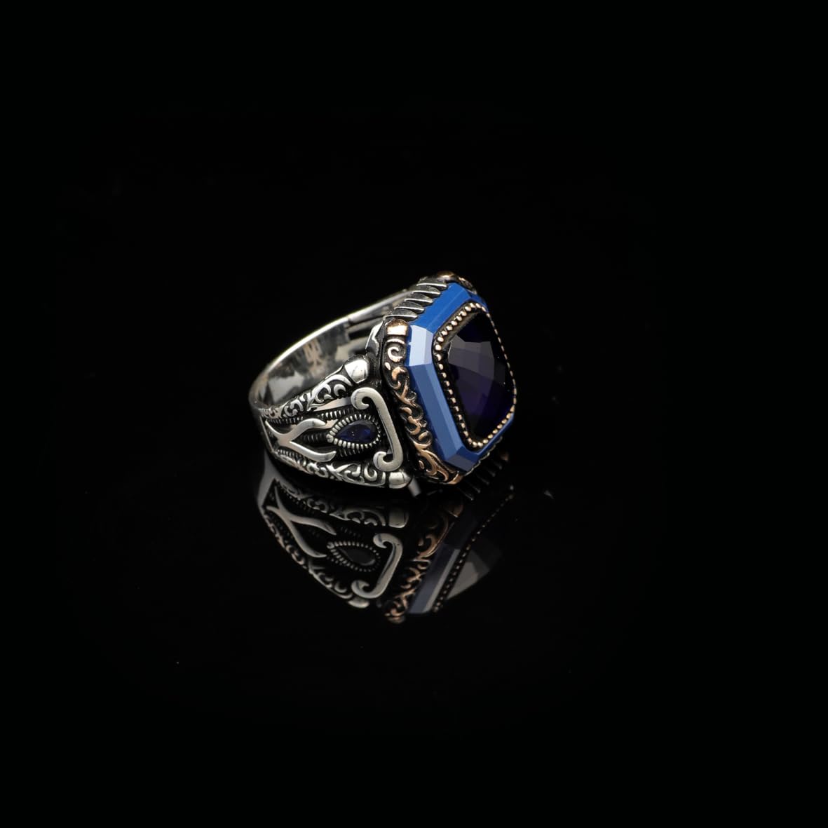 Vintage Blue Sapphire Ring - Handmade Men's Gemstone Ring in 925 Sterling Silver - Polished Turkish Engagement Ring with Silver Polishing Cloth Gift