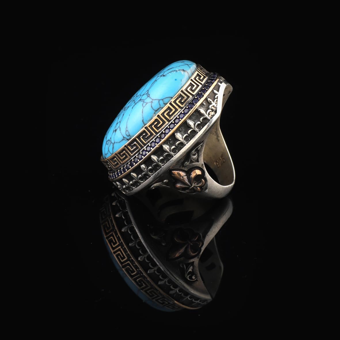 Iris Flower Model Men's Turquoise Ring - Chunky Sterling Silver Engagement Ring