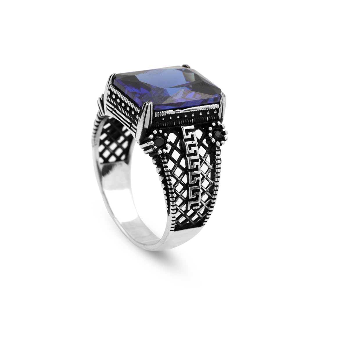 Mens Sapphire Ring – Handmade Ottoman Style Sterling Silver Gemstone Engagement Ring with Custom Engraving and Gift Silver Polishing Cloth