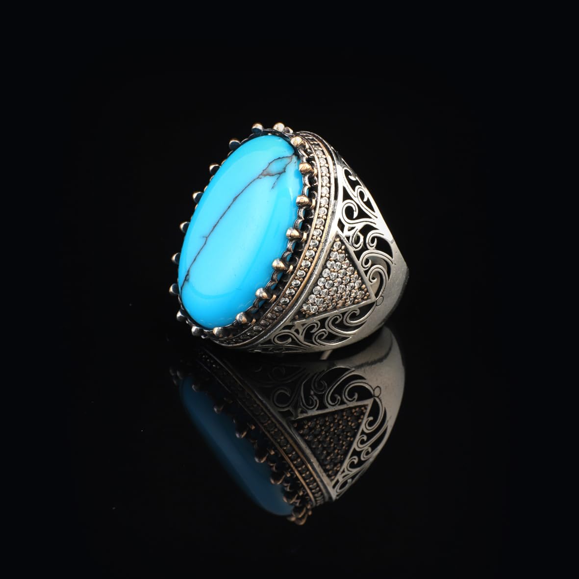 Men's Turquoise Ring with Micro Onyx Stone - Chunky Sterling Silver Gemstone Engagement Ring - Handmade Ottoman Style - Custom Engraving - Vintage Ring