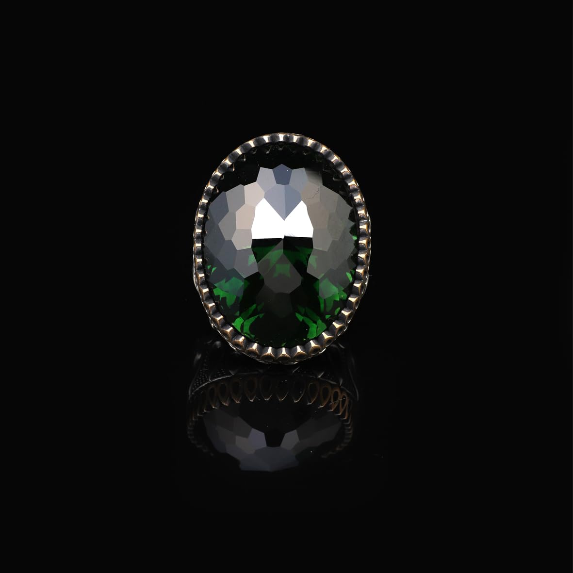 Emerald Oval Gemstone Ring - Large Handmade Ottoman Style Vintage Men's 925 Sterling Silver Ring with Silver Polishing Cloth Gift