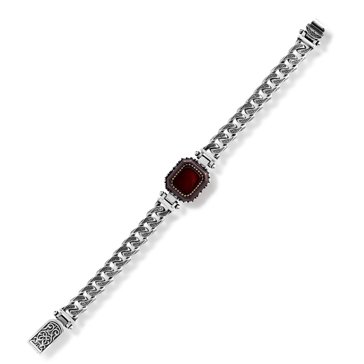 Made to Order Personalized Gothic Vintage Pattern 925 Sterling Silver Chain Bracelet for Men with Carnelian Gemstone - Hand-Engraved Handmade Bracelet