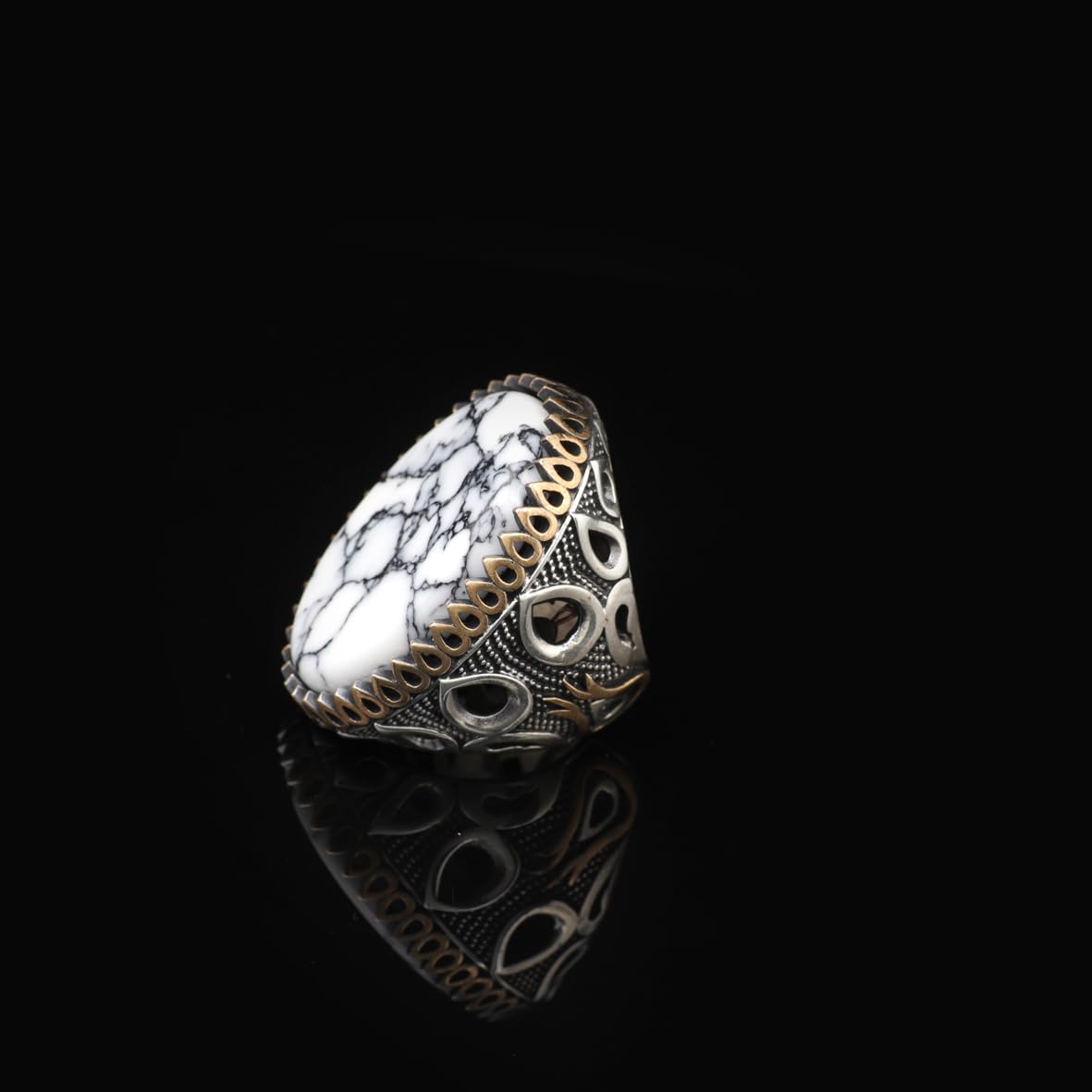 Men's White Turquoise Oval Gemstone Ring - Handmade Ottoman Style Large Sterling Silver Ring with Silver Polishing Cloth Gift