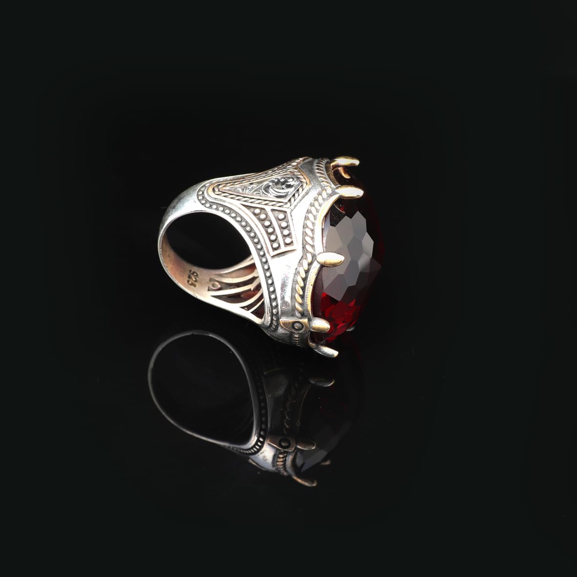 Vintage Handmade Garnet Ring with Oval Stone - Large Gemstone Ottoman Style 925 Sterling Silver Men's Ring with Silver Polishing Cloth Gift