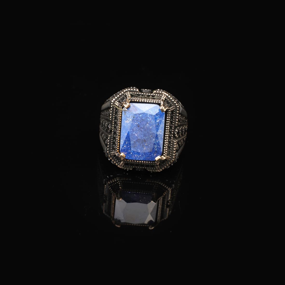 Handmade Sapphire Ottoman Ring with Micro Onyx Stone – Sterling Silver Vintage Mens Gemstone Ring – Engagement Rings for Men with Custom Engraving & Gift Silver Polishing Cloth