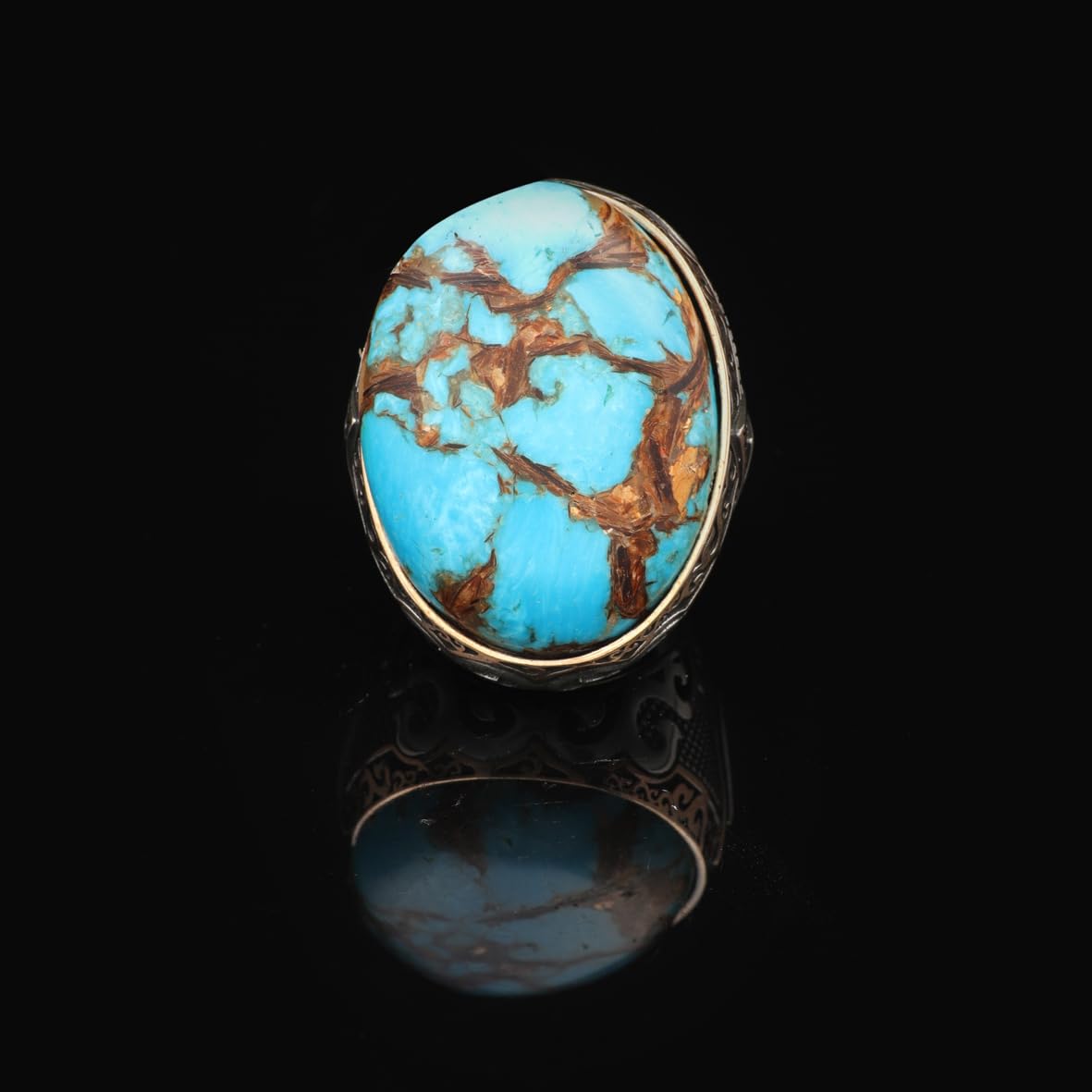 Vintage Genuine Turquoise Men's Ring - Large Oval Stone in 925 Sterling Silver