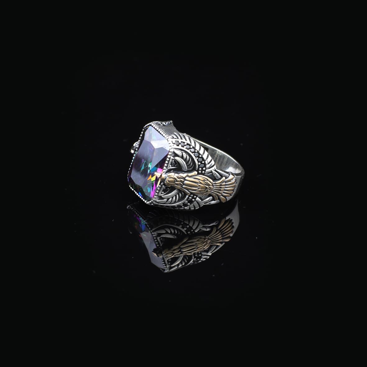 Mystic Topaz Ring with Eagle Design- Vintage Handmade Gemstone Men's Sterling Silver Ring - Includes Silver Polishing Cloth Gift