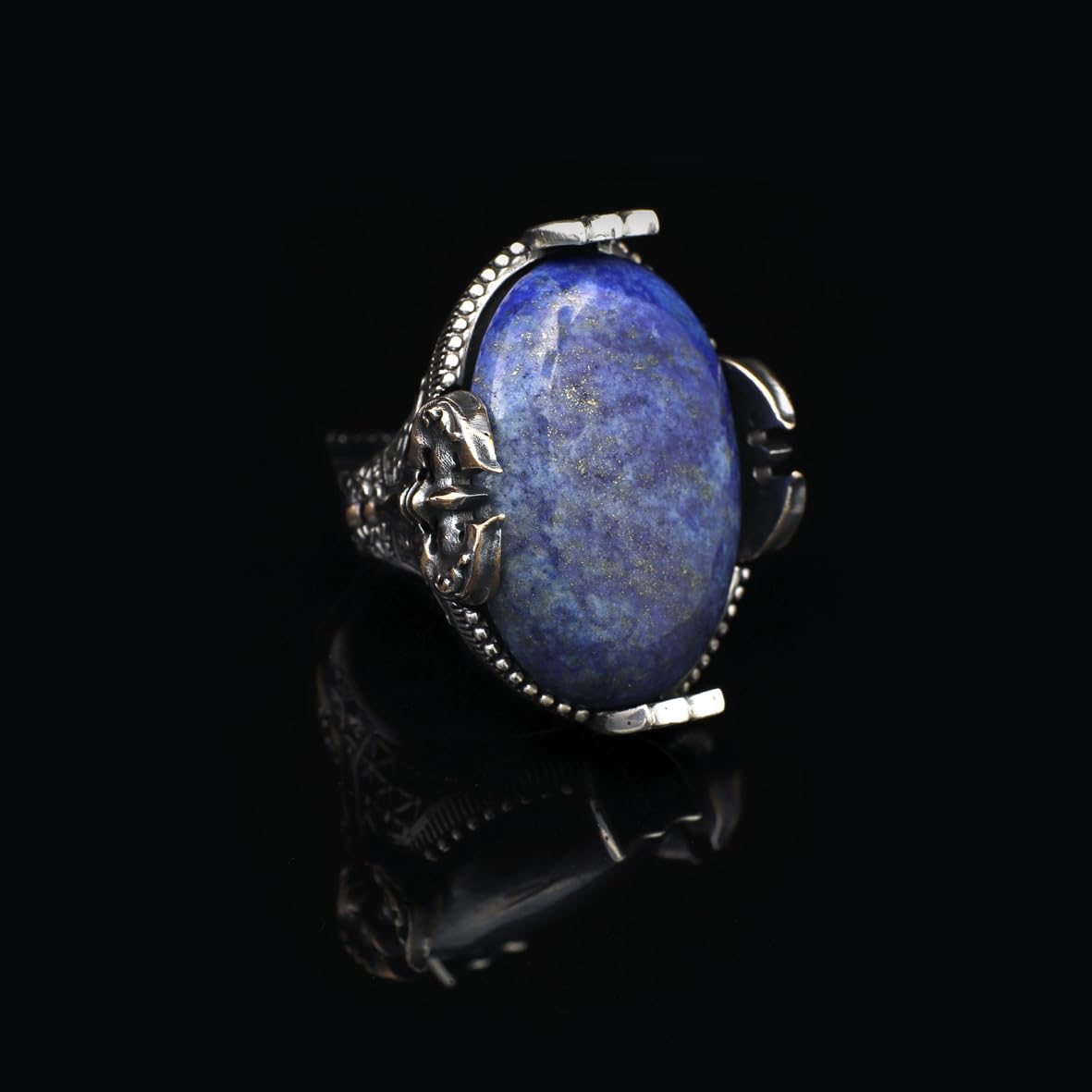Handmade Large Lapis Lazuli Ax Ring - 925 Sterling Silver Men's Gemstone Jewelry with Silver Polishing Cloth Gift