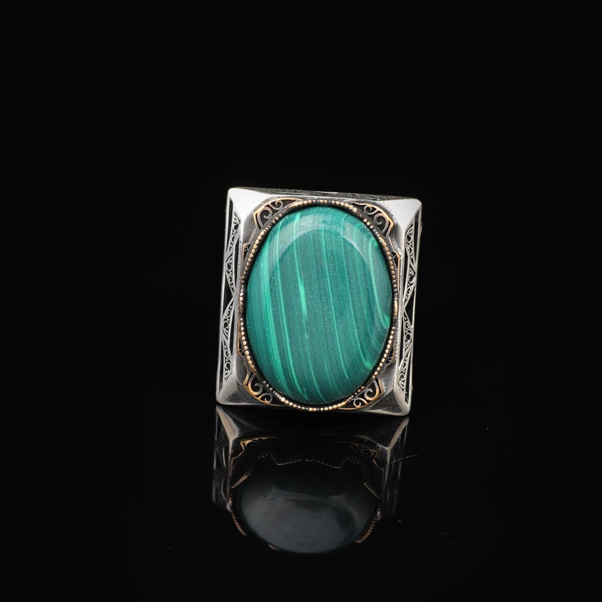 Malachite Ring - Oval Large Gemstone Ring Ottoman Men Vintage Handmade 925 Sterling Silver Rings for Men with Silver Polishing Cloth Gift