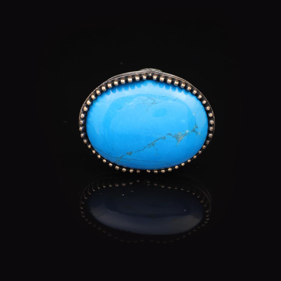 Vintage Genuine Turquoise Men's Ring - Large Oval Stone in Polished 925 Sterling Silver
