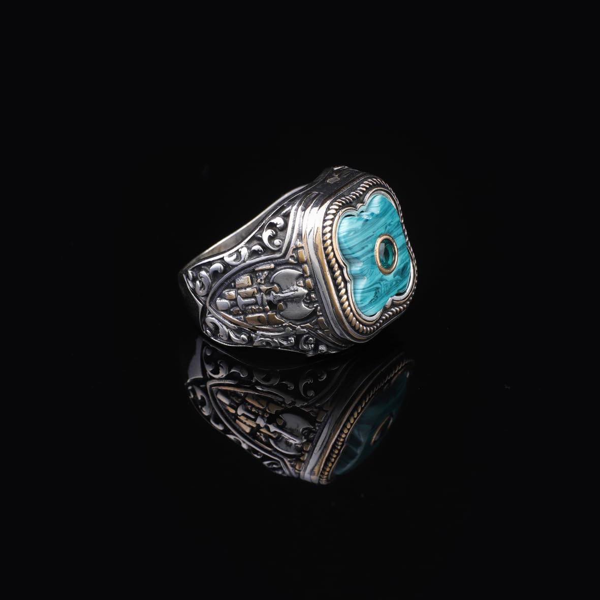 Handmade Vintage Malachite Ax Ring - 925 Sterling Silver Men's Ring with Micro Jade Gemstone - 925 Sterling Silver Rings for Men - Birthday Gifts