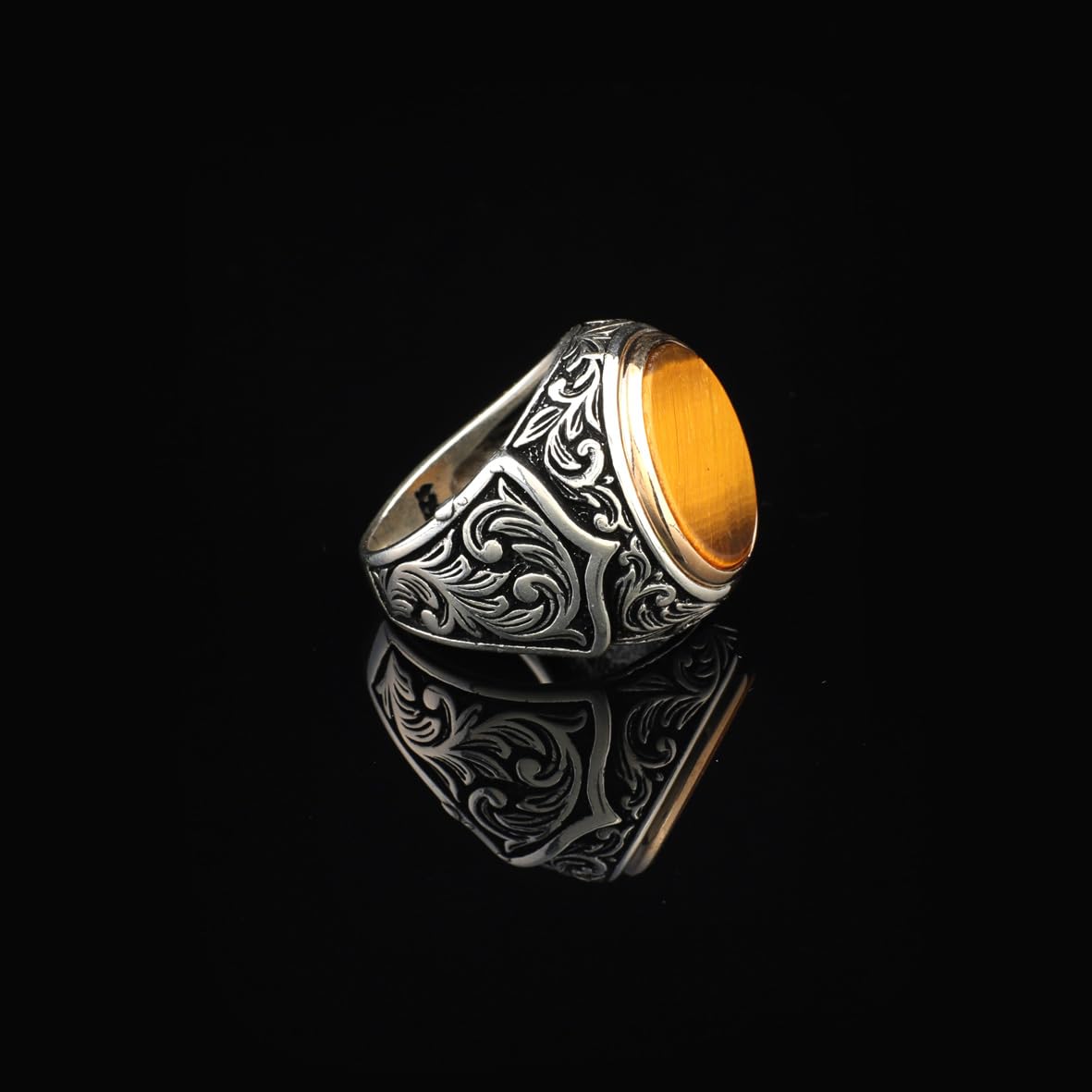 Handmade Tiger Eye Signet Ring - Vintage Pinky Ring in Sterling Silver for Men with Custom Engraving - Ottoman Style Gemstone Jewelry - Gift Silver Polishing Cloth Included