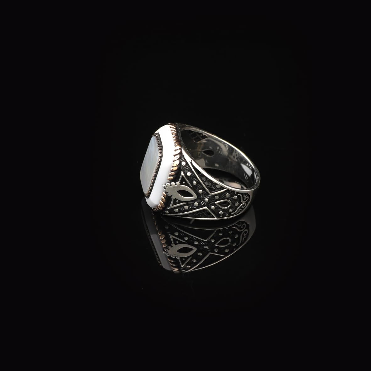 Handmade Vintage Men's Mother of Pearl Gemstone Ring - 925 Sterling Silver Turkish Engagement Ring - Polished Finish with Silver Polishing Cloth Gift