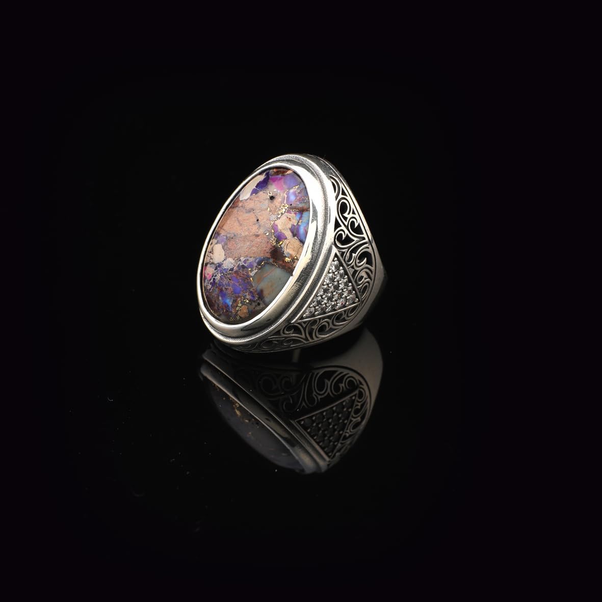 Mens Special Turquoise Ring – Chunky Silver Ottoman-Style Gemstone Ring with Micro Sapphire – Handmade Sterling Silver Engagement Ring – Custom Engraving