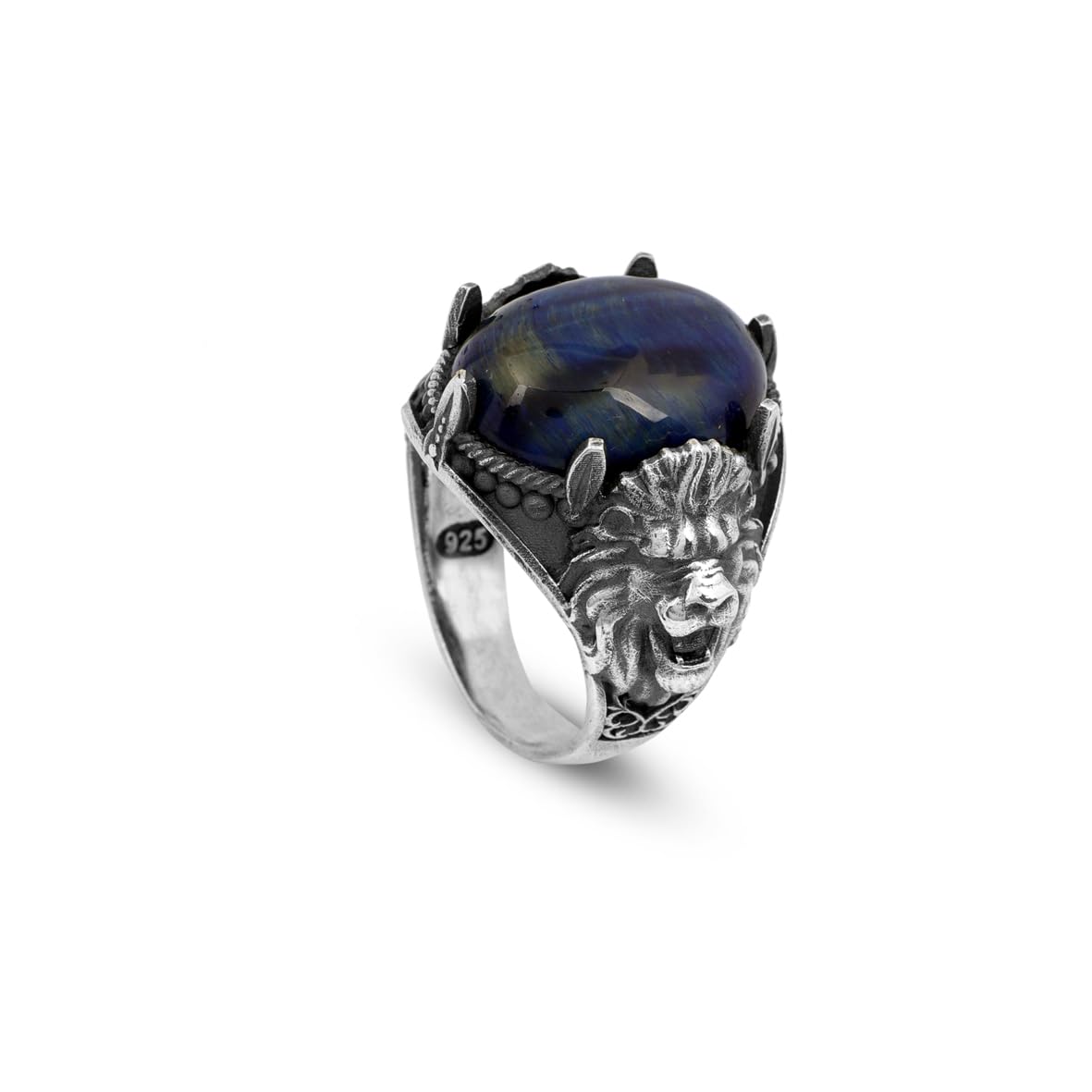Men's 925 Sterling Silver Lion Ring with Blue Tiger Eye Oval Stone - Handmade Vintage Signet Ring