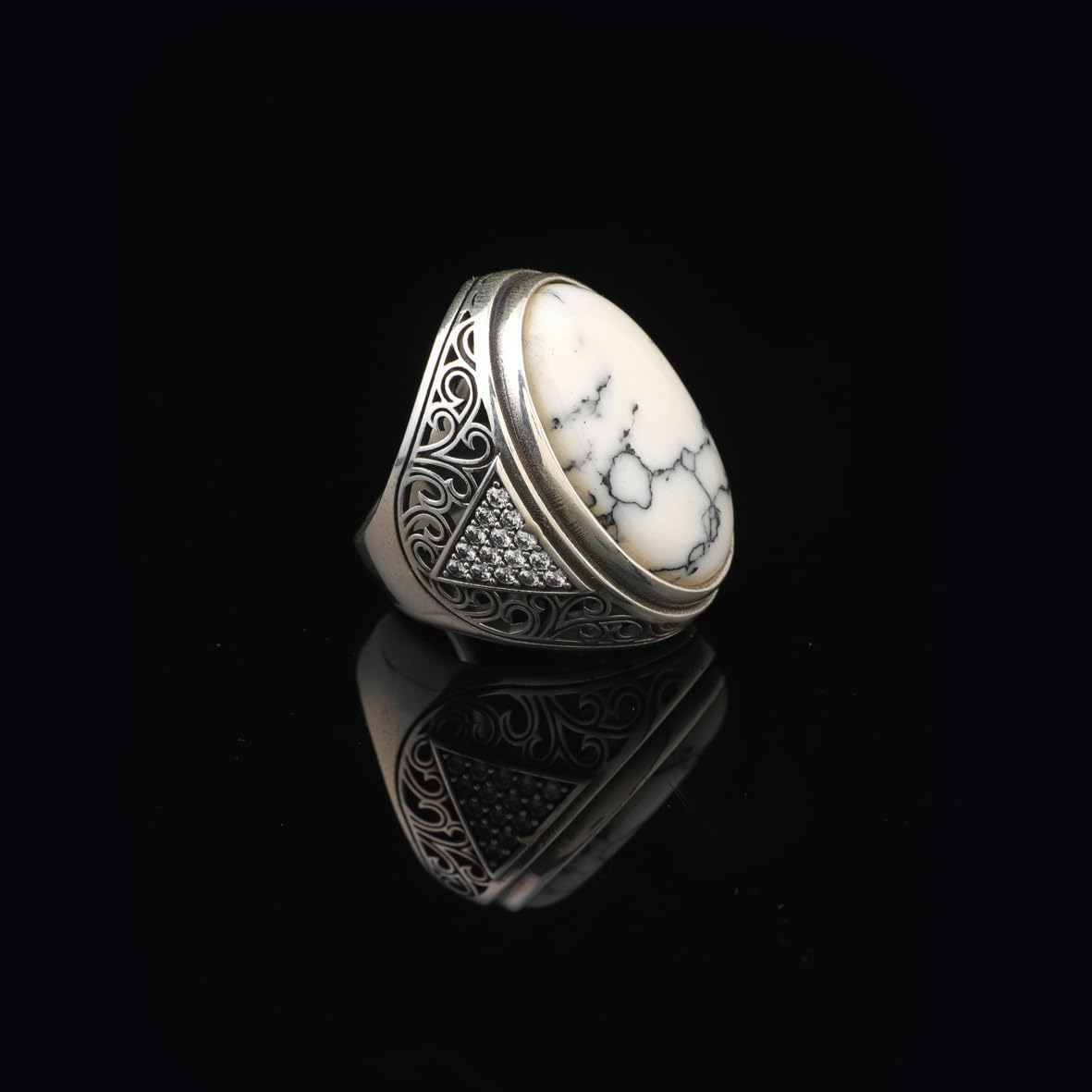 Mens White Turquoise Ring – Chunky Sterling Silver Ring with Micro Sapphire