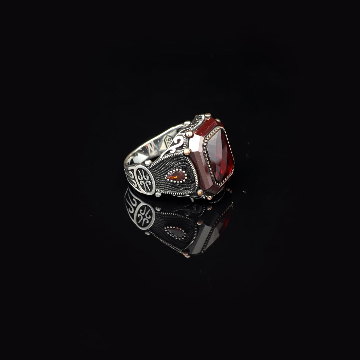 Vintage Garnet Ring for Men – Handmade 925 Sterling Silver Turkish Engagement Ring with Polished Finish – Men's Gemstone Ring with Silver Polishing Cloth Gift