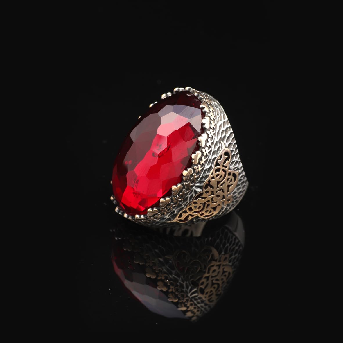 Men's Vintage Garnet Ring with Oval Stone - 925 Sterling Silver Large Ring
