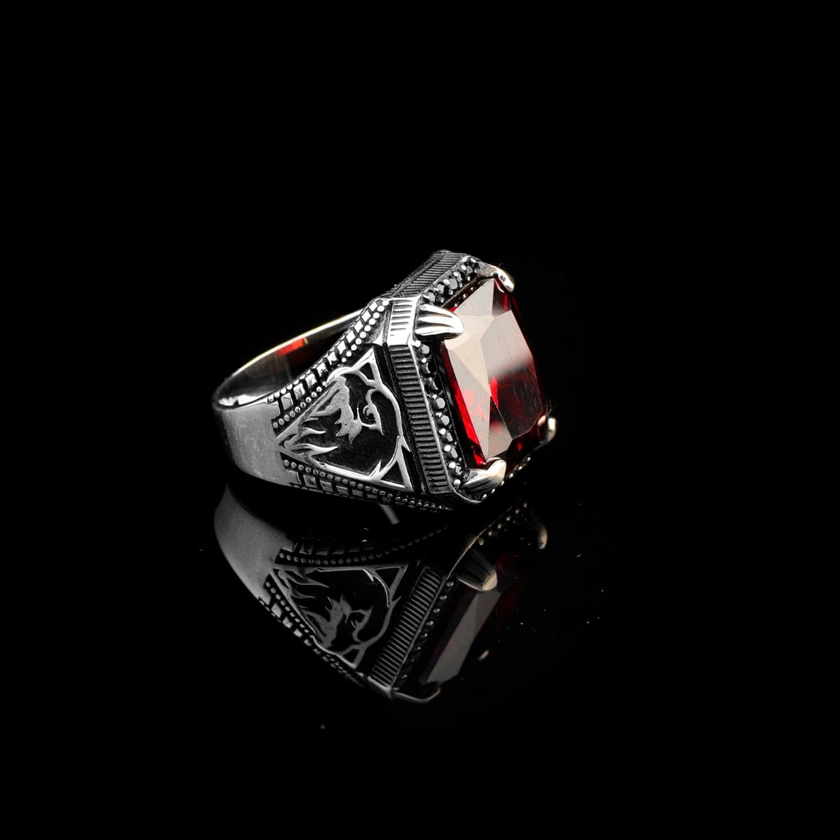 Garnet Gemstone Eagle Signet Ring – Vintage Men’s Sterling Silver Engagement Ring – Handmade Rings with Custom Engraving & Gift Silver Polishing Cloth