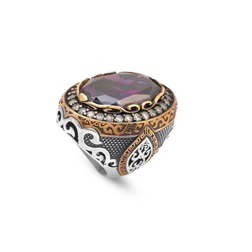 Amethyst Ring with Micro Sapphire Stone Ottoman Style Large Statement Ring Vintage Sterling Silver Chunky Silver Gemstone Ring