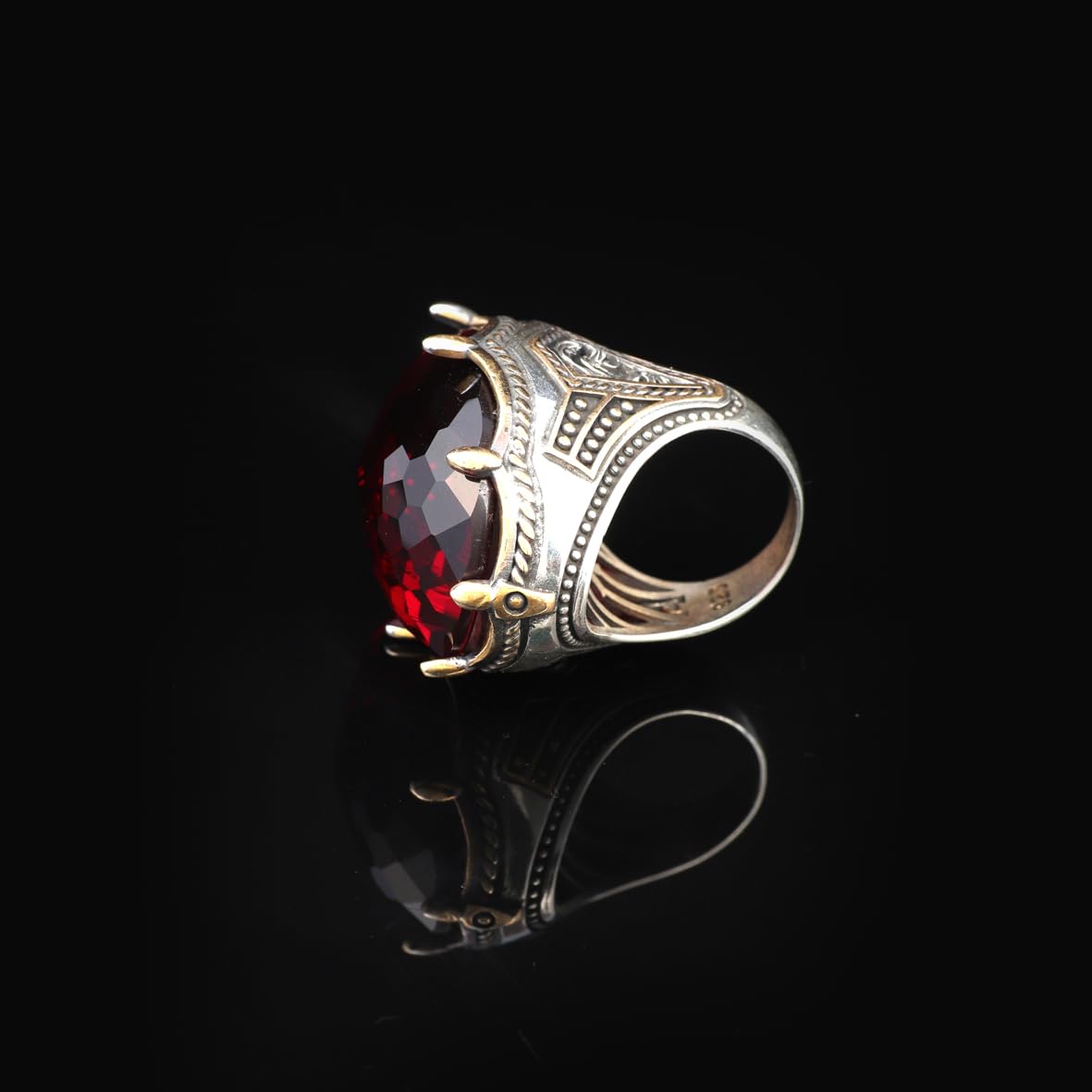 Vintage Handmade Garnet Ring with Oval Stone - Large Gemstone Ottoman Style 925 Sterling Silver Men's Ring with Silver Polishing Cloth Gift