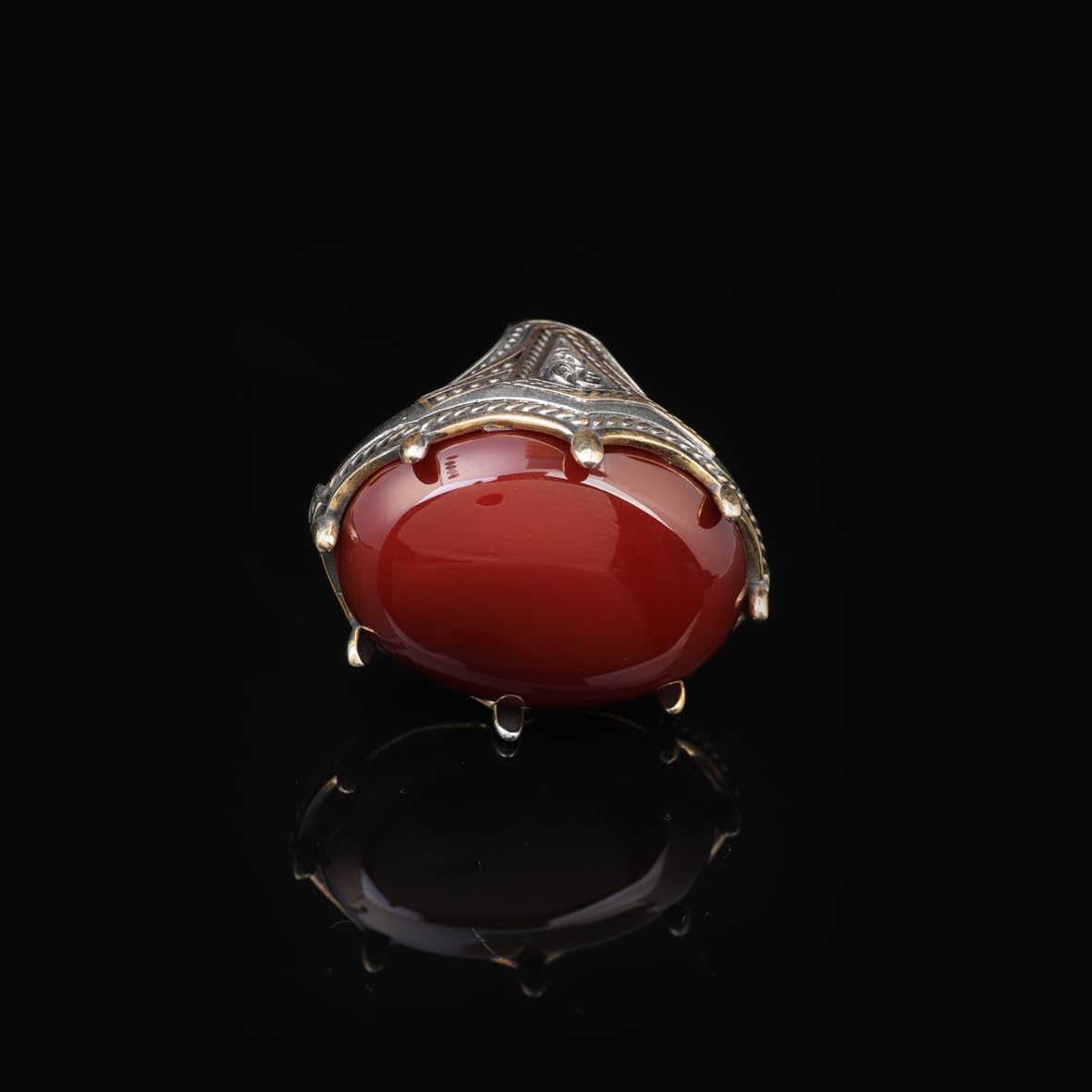 Handmade Carnelian Ring with Oval Gemstone - Large Ottoman Style Men's 925 Sterling Silver Gemstone Ring