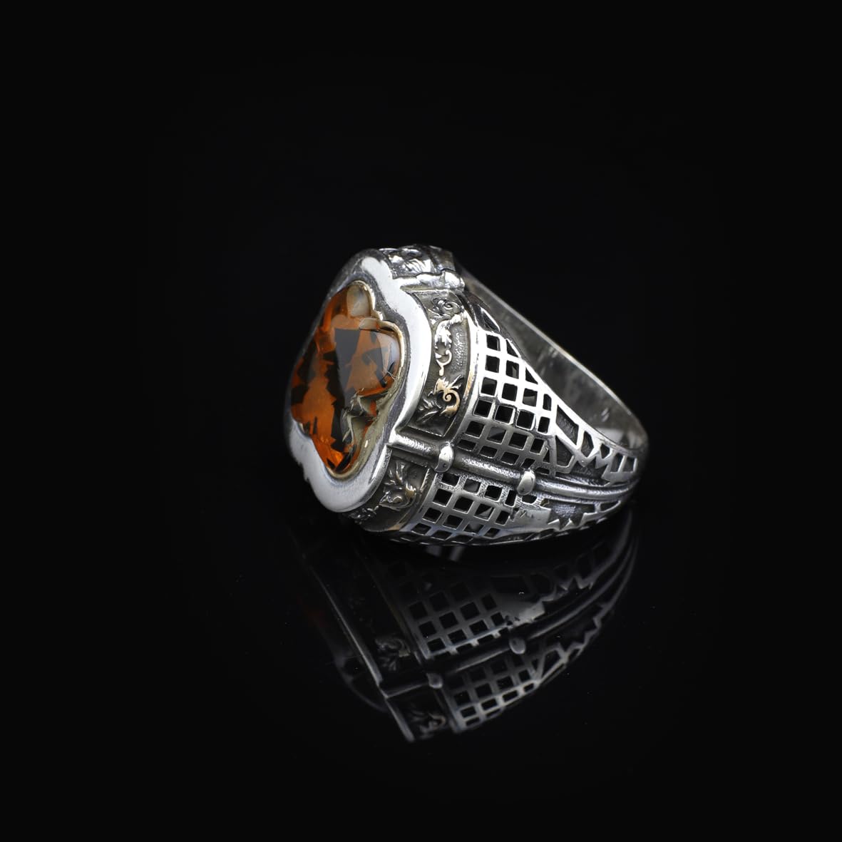 Vintage Amber Ring with Sword Design