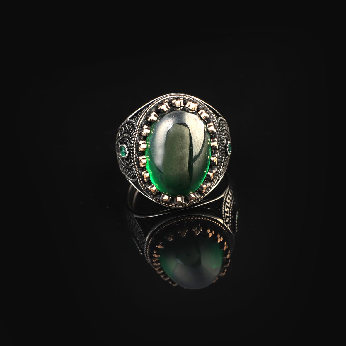 Mens Jade Ring – Handmade Ottoman Style Oval Gemstone Sterling Silver Ring