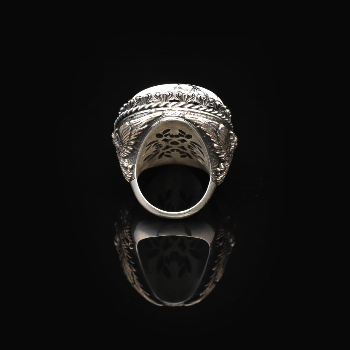 Vintage White Turquoise Eagle Ring for Men - Large Oval Stone 925 Sterling Silver Turkish Handmade Polished Engagement Ring with Silver Polishing Cloth Gift