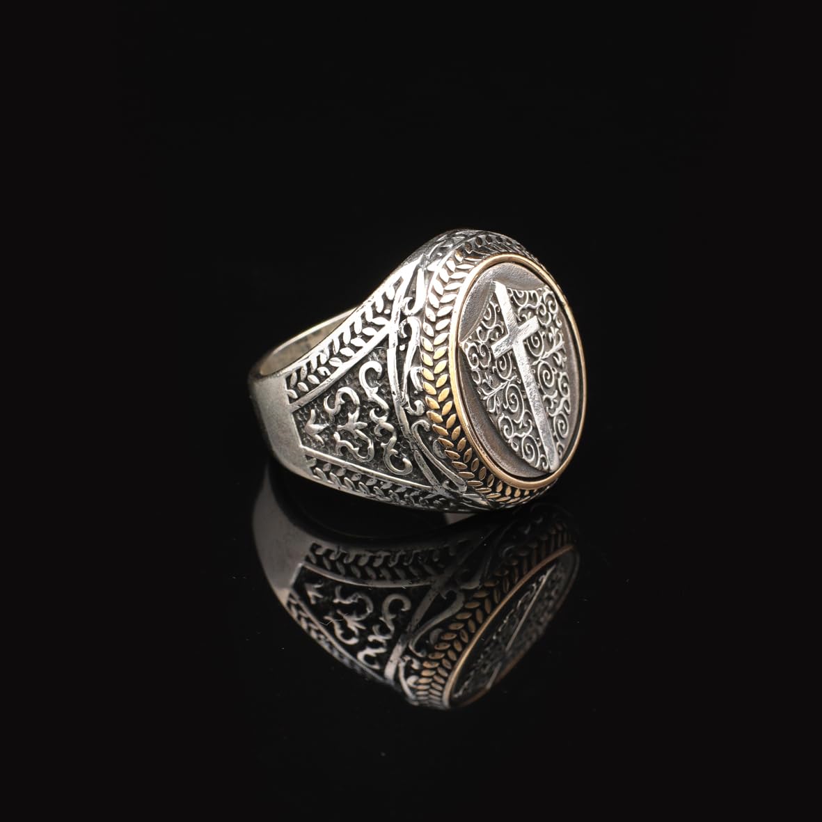 Vintage Shield Cross Signet Ring for Men - 925 Sterling Silver Christian Statement Ring - Polished Handmade Engagement Ring with Custom Engraving
