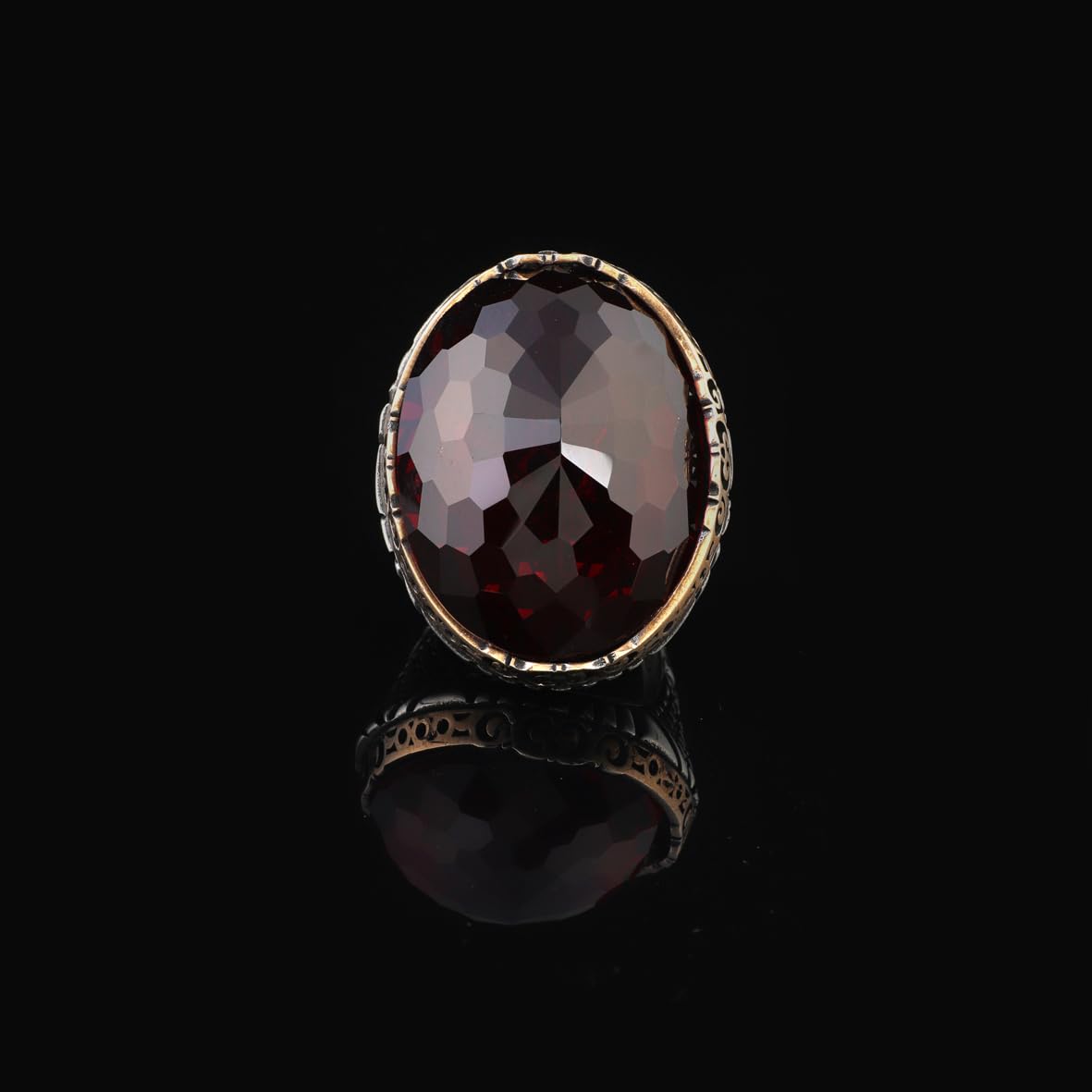 Chunky Herringbone Garnet Ring in Sterling Silver – Ottoman-Style Men's Vintage Gemstone Engagement Ring