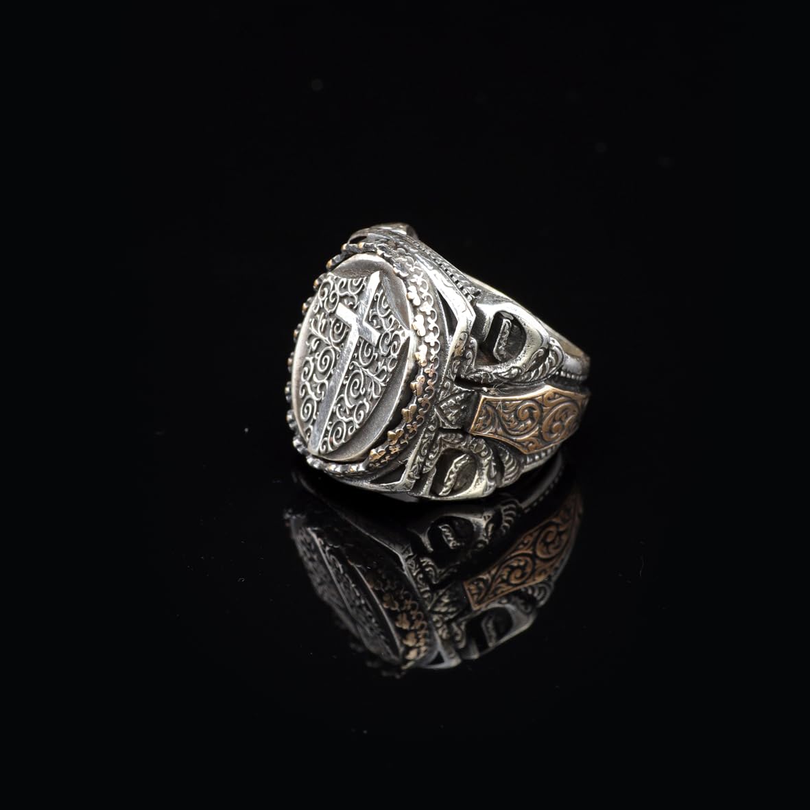 Vintage Shield Cross Signet Ring for Men - 925 Sterling Silver Christian Statement Ring - Polished Handmade Engagement Ring with Custom Engraving
