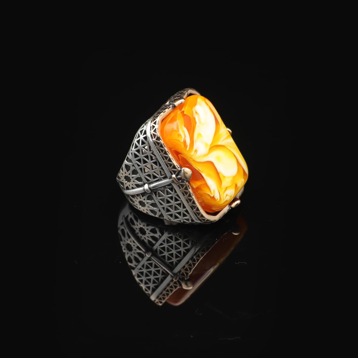 Vintage Large Squeezing Amber Ring for Men - 925 Sterling Silver Turkish Handmade Polished Engagement Ring with Silver Polishing Cloth Gift