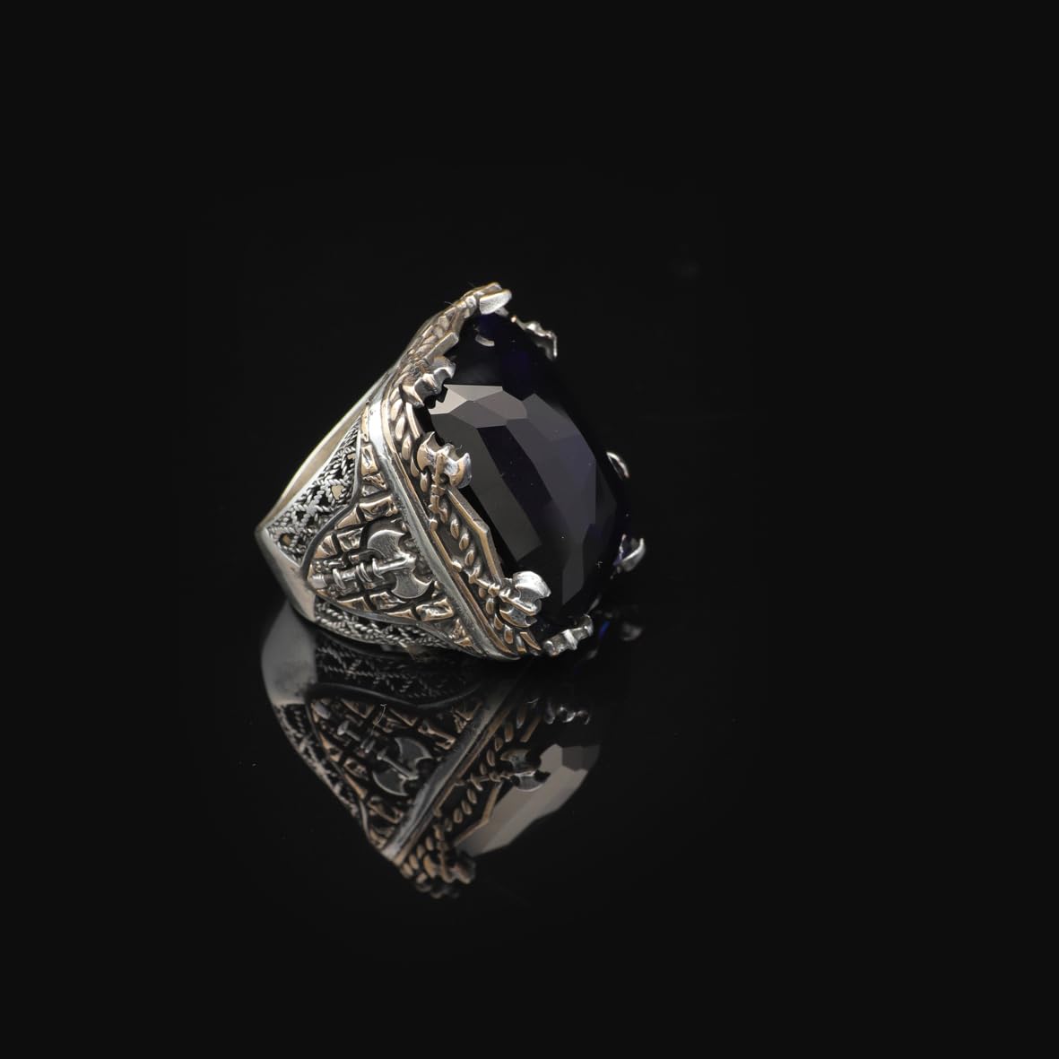 Vintage Large Blue Sapphire Ax Ring for Men - 925 Sterling Silver Turkish Handmade Polished Engagement Ring with Silver Polishing Cloth Gift