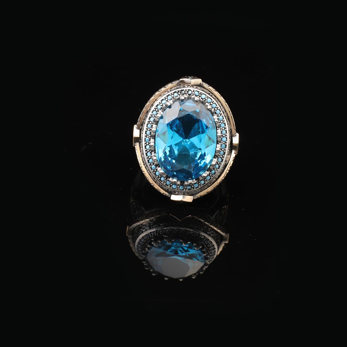 Aquamarine Ottoman Gemstone Ring for Men – 925 Sterling Silver Vintage Handmade Rings – Custom Engraving  Engagement Ring with Gift Silver Polishing Cloth