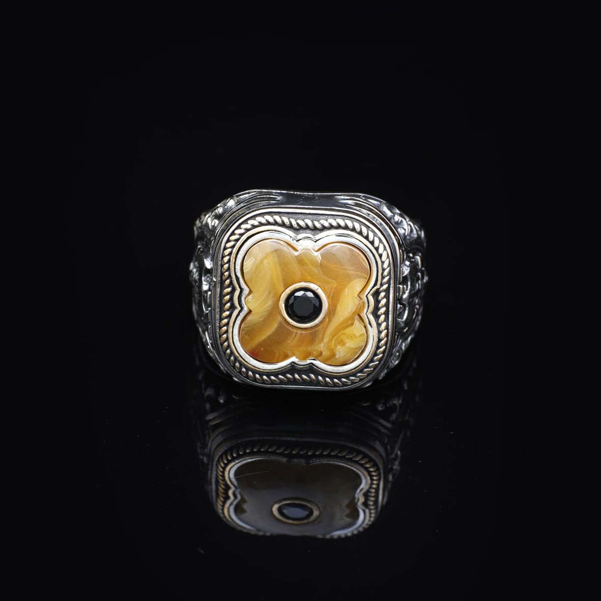 Vintage Handmade Squeeze Amber Ring with Micro Onyx Stone - Men's 925 Sterling Silver Gemstone Jewelry Gift Set with Silver Polishing Cloth