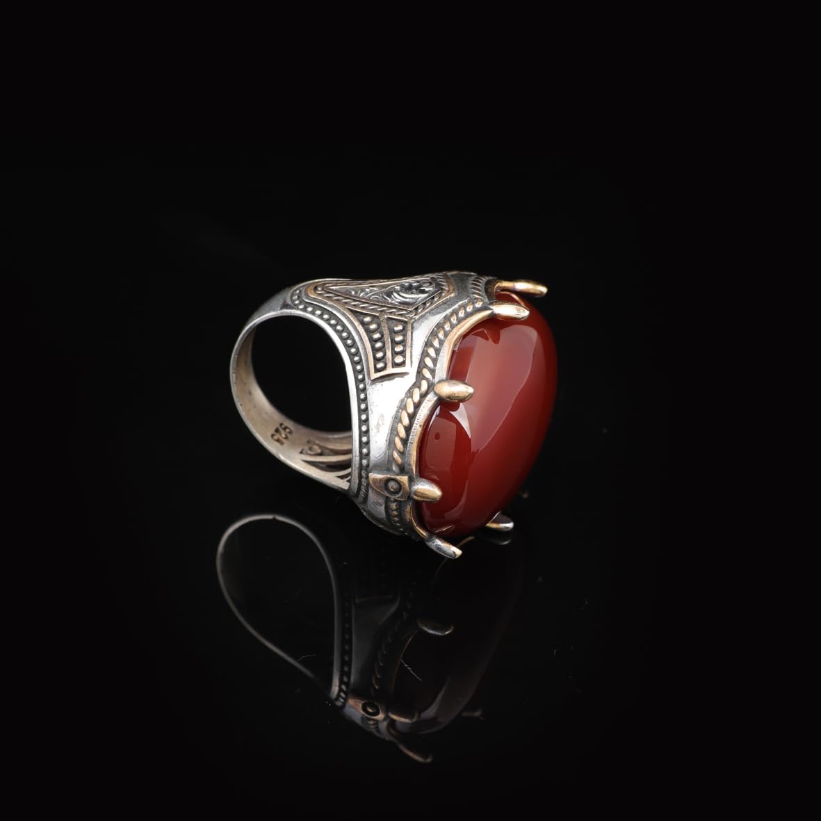 Handmade Carnelian Ring with Oval Gemstone - Large Ottoman Style Men's 925 Sterling Silver Gemstone Ring