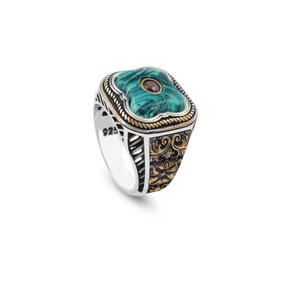 Vintage Handmade Malachite Ring with Ruby Stone