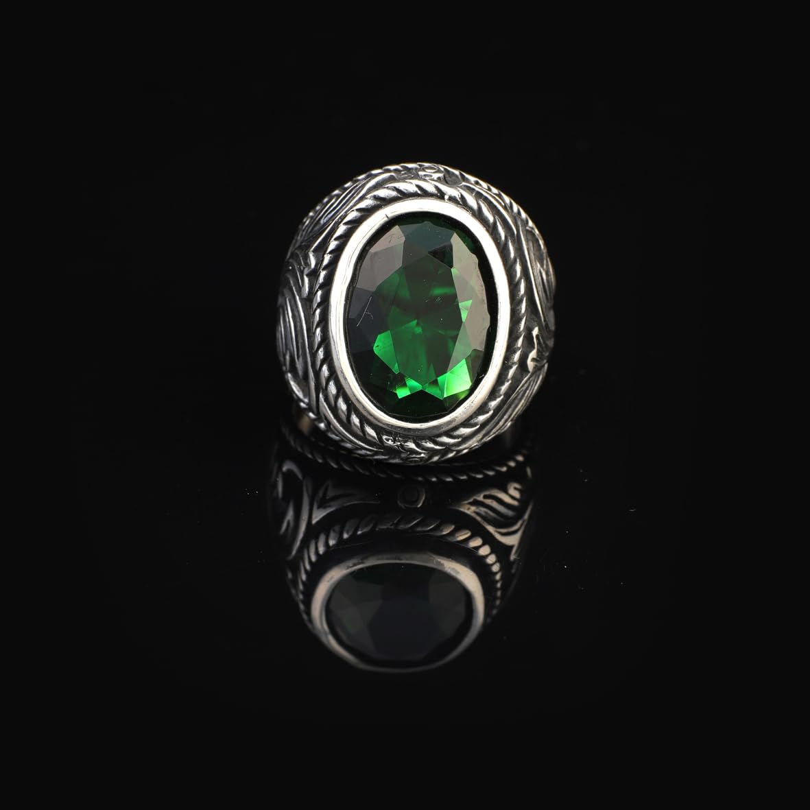 Mens Emerald Ring – Oval Ottoman Style Sterling Silver Gemstone Ring