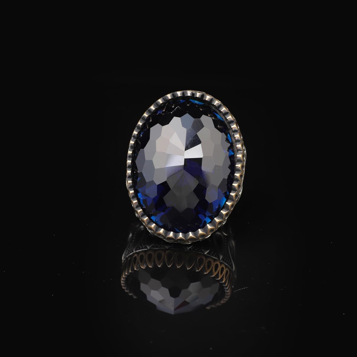 Men's Blue Sapphire Ring - Oval Gemstone in Large Ottoman Design - Handmade 925 Sterling Silver Ring with Silver Polishing Cloth Gift