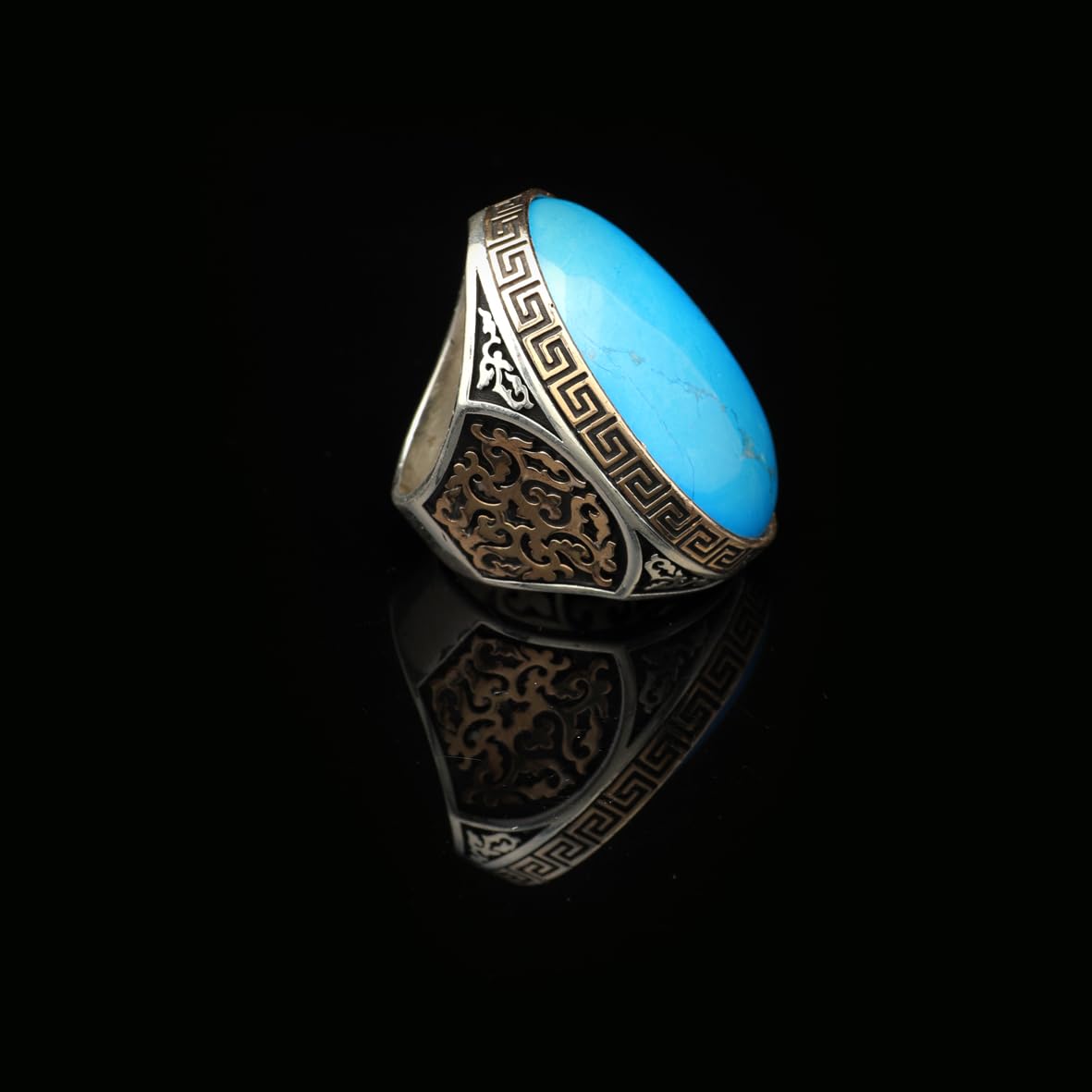 Handmade Turquoise Men’s Ring with Large Oval Stone – Vintage 925 Sterling Silver Engagement Ring