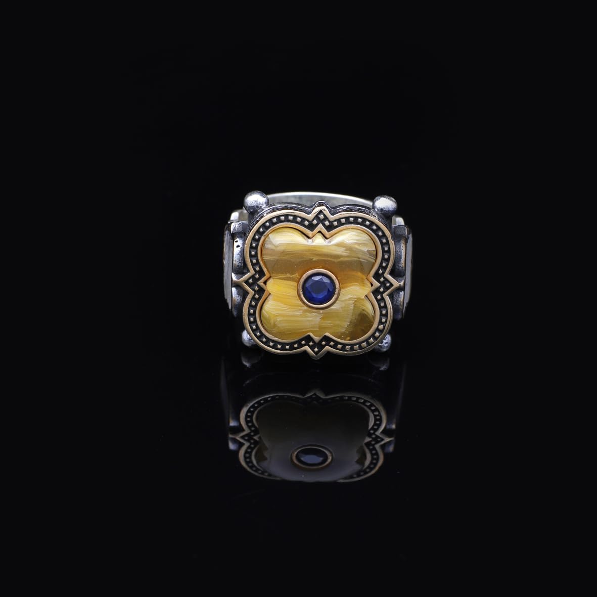Handmade 925 Sterling Silver Men's Ring with Squeeze Amber & Blue Sapphire