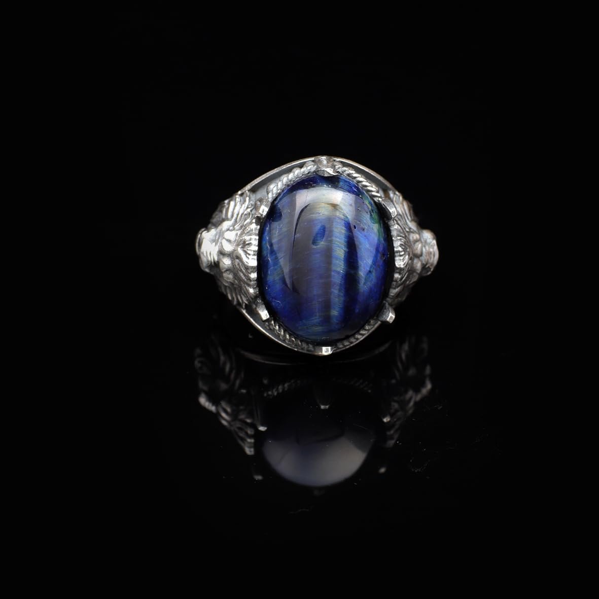 Men's 925 Sterling Silver Lion Ring with Blue Tiger Eye Oval Stone - Handmade Vintage Signet Ring