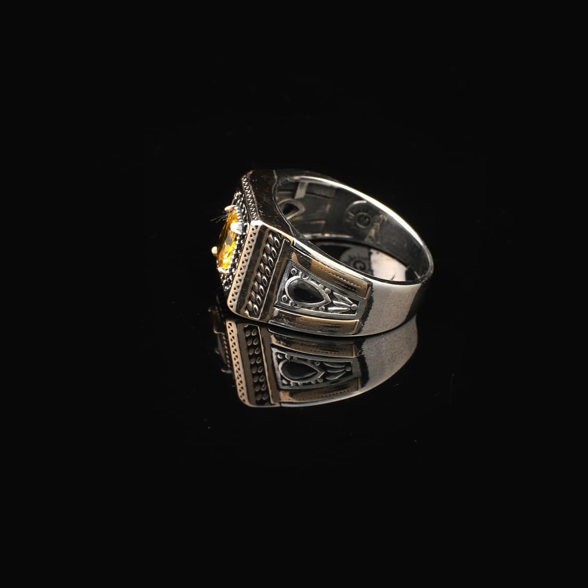 Vintage Citrine Pinky Ring with Micro Onyx Stone – Handmade Sterling Silver Gemstone Signet Ring for Men – Custom Engraving Engagement Ring with Gift Silver Polishing Cloth